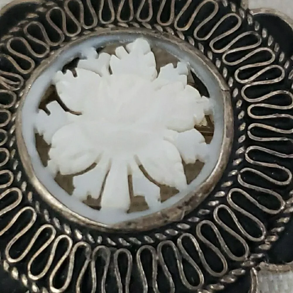 Vintage 935 Silver Jerusalem Carved Mother Of Pearl Flower Brooch Pin Pendant